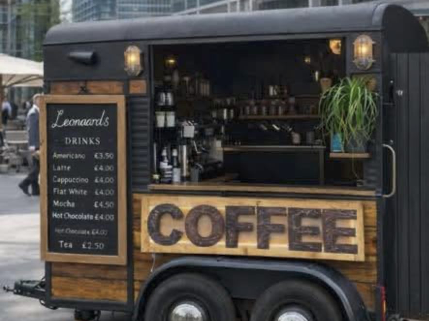 Leonard's Coffee trailer trading in the city, serving hatch open